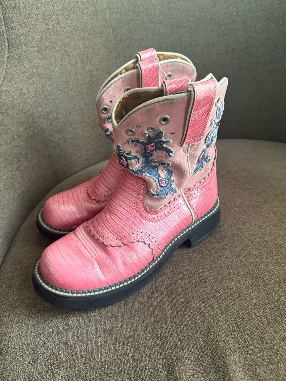 Ariat Pink Kids Western Boots with Blue Embroidery